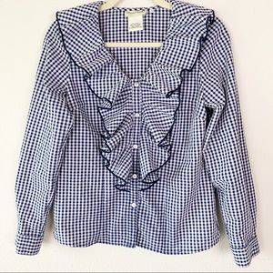 Jeffrey Banks ruffled top blue gingham size XS